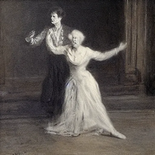 Prompt: old lady dancing with the ghost of a young man alone in a ballroom by alfred stevens in charcoal