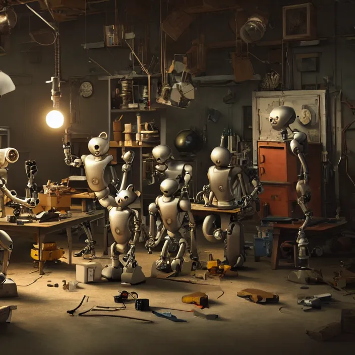 Image similar to crew of robot workers building giant mouse movie prop head in quaint workshop, octane render, 4 k ultra hd, hyper - detailed, realistic, seedy lighting, sharp focus, in style of beeple