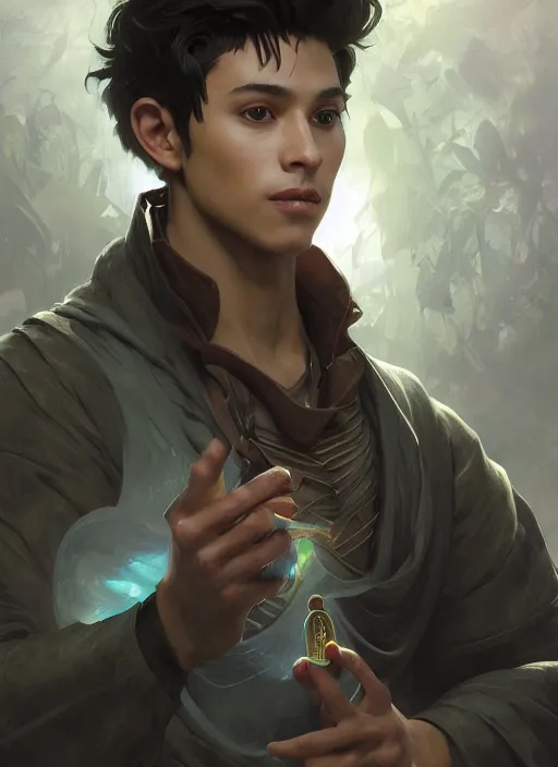Prompt: character concept portrait of a handsome young adventurous Latino wizard with olive skin casting a love spell, a floating iridescent spell book in the center, intricate, elegant, digital painting, concept art, smooth, sharp focus, illustration, from Metal Gear, by Ruan Jia and Mandy Jurgens and William-Adolphe Bouguereau, Artgerm