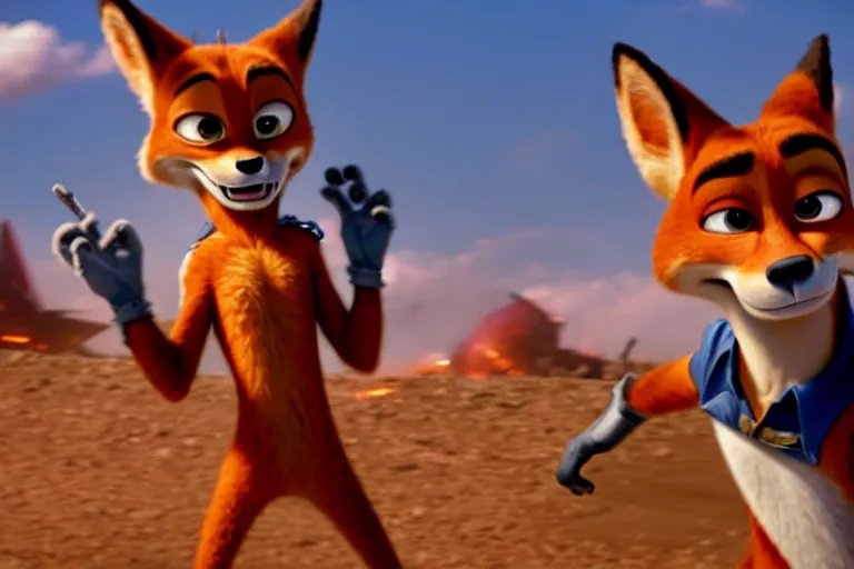 Image similar to nick wilde ( from zootopia ), heavily armed and armored facing down armageddon in a dark and gritty reboot from the makers of mad max : fury road : witness me