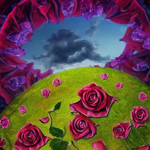 Prompt: ring of giant rose petals, fantasy art, sky in the background, detailed, behrens style
