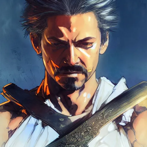 Prompt: portrait of a hero holding his sword in front of his face by yoji shinkawa, high quality, extra details, realism, ornate, colored, golden chain, blood, white skin, short hair, brown eyes, vivid, sunlight, dynamic, american man, freedom, white american soldier, painting