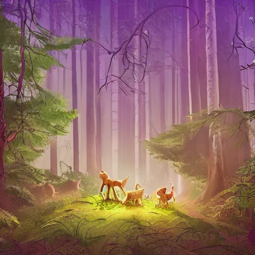 Image similar to eternal friendship and rest of the dwellers of the forest, dynamic lighting, cinematic, establishing shot, extremely high detail, shining, photo realistic, cinematic lighting, intricate line drawings, 8k resolution