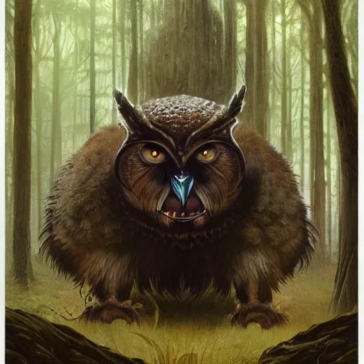 Image similar to three quarter portrait of an owlbear in the forest, d & d, fantasy, greg rutkowski, frank frazetta, alexandre chaudret, boris vallejo, michael whelan, miro petrov, hr giger, magali villeneuve, donato giancola