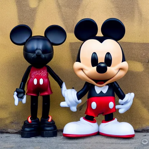 Image similar to a life-sized talking uncanny valley funko pop of mickey mouse, wandering in the streets of Paris high quality very detailed with shadows 4k