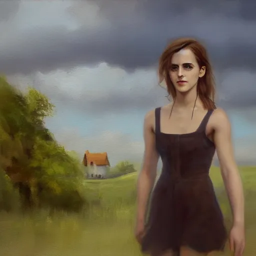 Prompt: cottage with emma watson standing in front, aesthetic, oil painting, pale colors, high detail, 8 k, wide angle, trending on artstation,