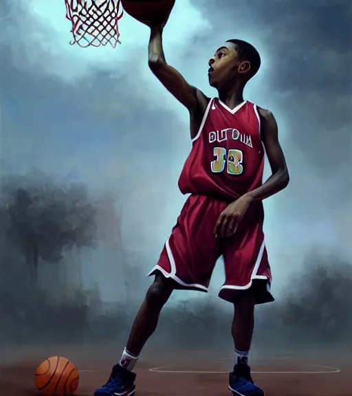 Prompt: portrait of a boy at a basketball court playing basketball wearing a basketball jersey in a basketball court standing near the basketball hoop, intense emotion, detailed facial expression, detailed surroundings, intricate, elegant, highly detailed, centered, digital painting, artstation, concept art, smooth, sharp focus, illustration, by (Peter Mohrbacher), WLOP
