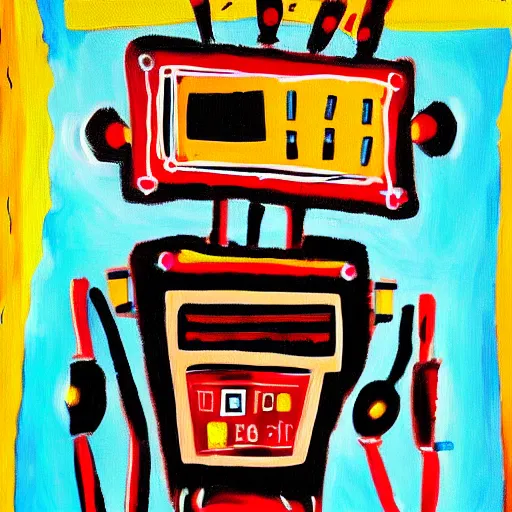 Prompt: painting of a Robot that has feelings in the style of Basquiat