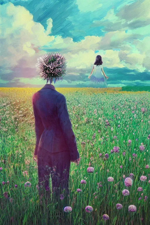 Prompt: portrait, giant thistle flower under head, girl in suit in field of flowers, surreal photography, sunrise, blue sky, dramatic light, impressionist painting, digital painting, artstation, simon stalenhag