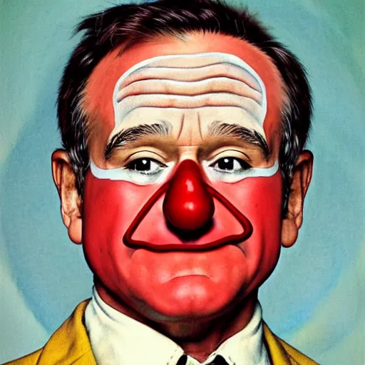 Prompt: Robin Williams wearing clown make up, white face red nose. painted by Norman Rockwell