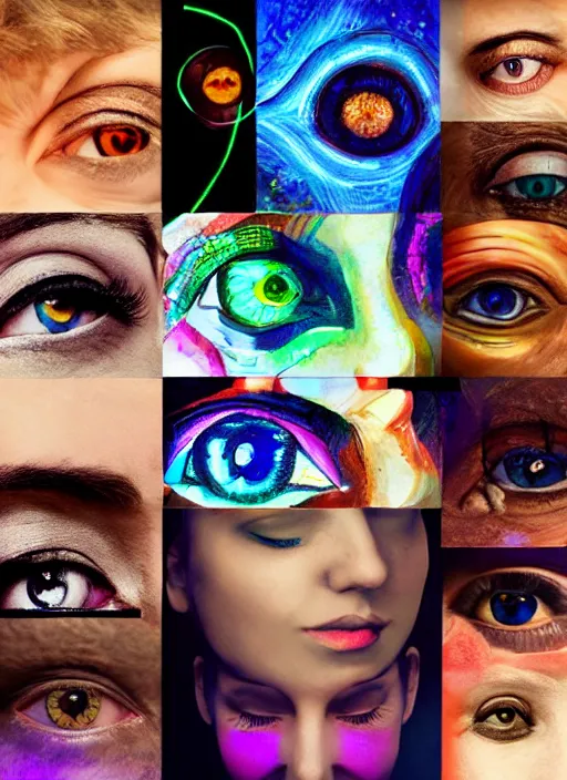 Image similar to diverse eyes! collage, teams, healing, energetic, life, hybrids, thin glowing devices, reflections, vitals visualiser!!, advanced art, art styles mix, from wikipedia, grid of styles