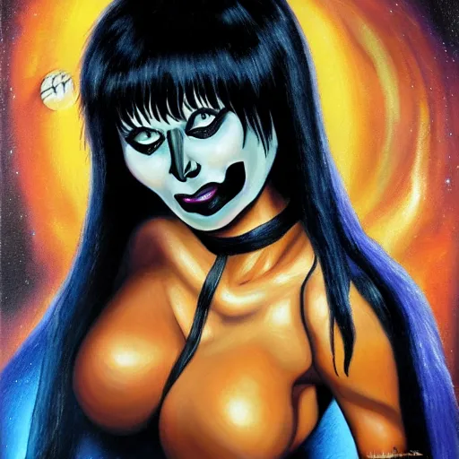 Prompt: Elvira as a cosmic super villain, dark oil painting by crypt keeper