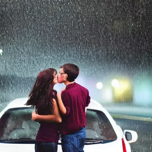 Prompt: high school kids making out in a car at night in the rain, colorful!!, nighttime!, raining!