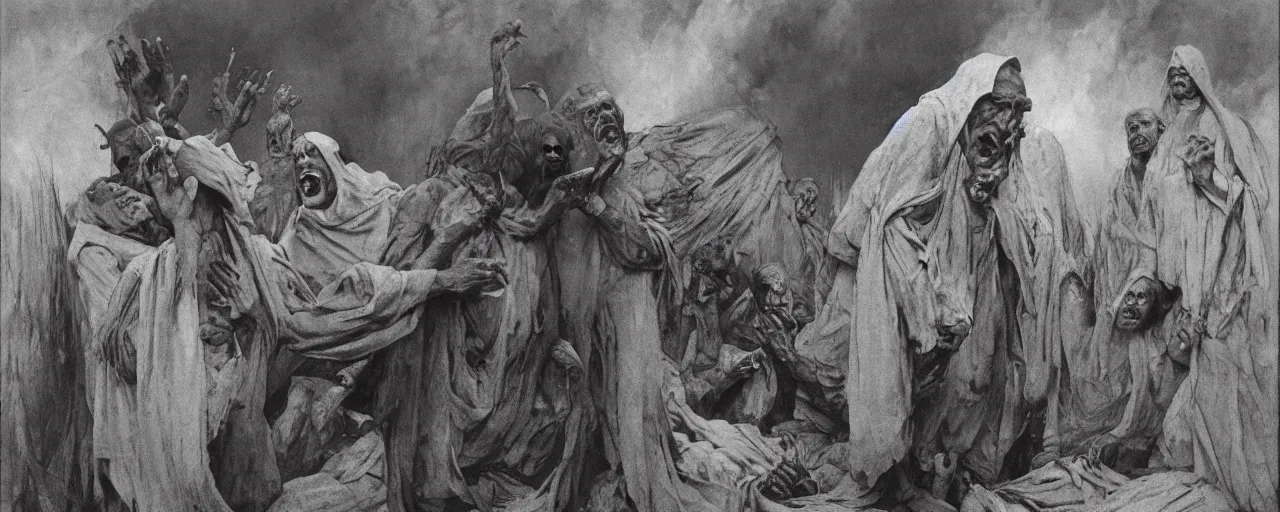 Image similar to vintage photos leper colony exorcism scared priest, wide open mouth in terror, by zdzisław beksinski and alphonse mucha, ( ( ( ( ( ( ( makoto shinkai raphael lacoste martin deschambault finnian macmanus artstationhq iamag