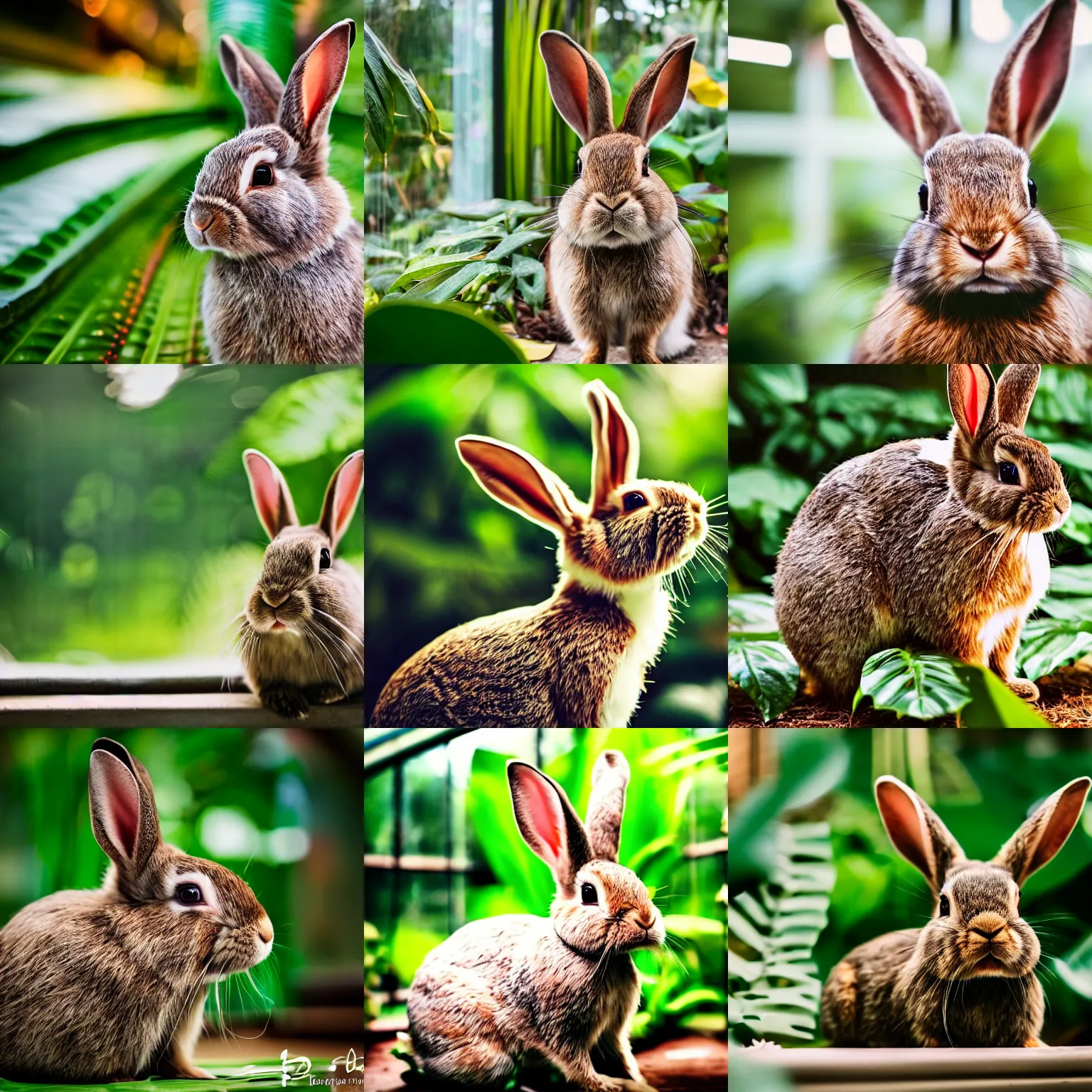 Prompt: a beautiful portrait of a rabbit in a tropical greenhouse, cinematic, bokeh, details, realistic