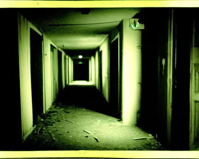 Image similar to dark abandoned hallway at night with eldritch horror, letterboxing, widescreen, 40mm tape, technicolour film, grainy, horror