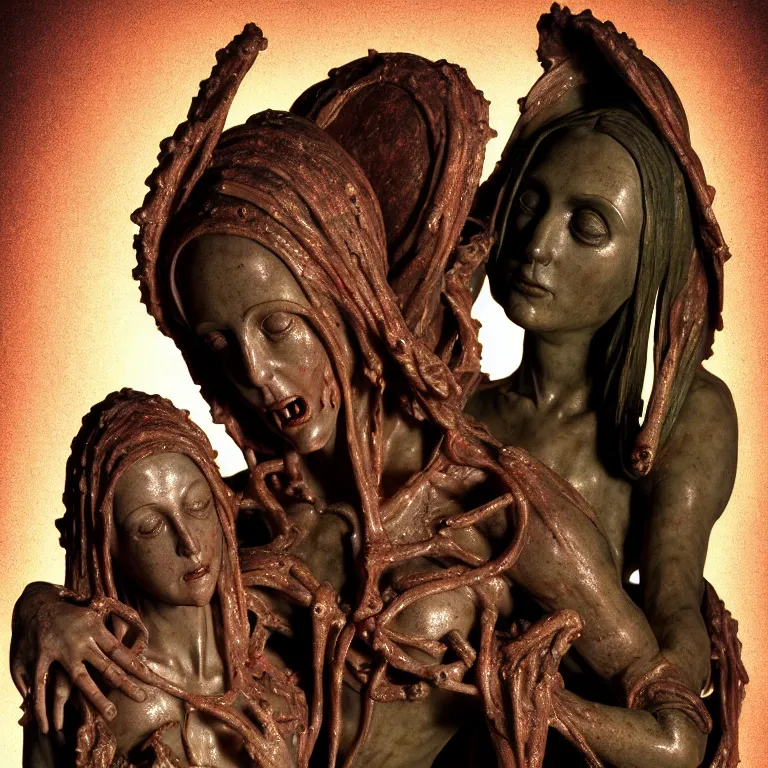 Image similar to dark biomechanical ribbed religious sculpture statue of Madonna and Jesus made of rotten flesh meat, suffering, pastel colorful mold, baroque painting, beautiful detailed intricate insanely detailed octane render, organic 8K artistic photography, photorealistic, chiaroscuro, Raphael, Caravaggio, Giger, Beksinski, black background