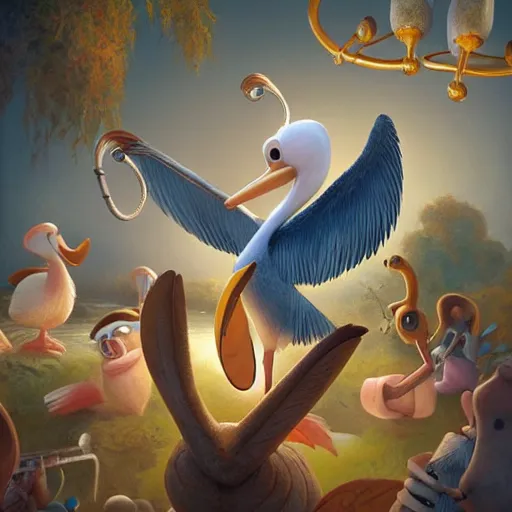 Prompt: An adorable whimsical pelican conducting an orchestra, highly detailed, digital painting, artstation, concept art, smooth, sharp focus, studio light, by Pixar and Disney and Justin Gerard,