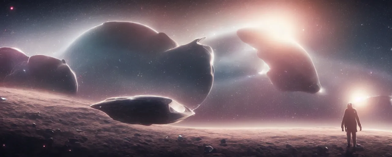 Prompt: movie still, galactic plane with angular minimalist obsidian monoliths floating in space, cell automata, unreal engine, octane render, detailed and intricate, cloudy, global illumination, volumetric lighting, hubble telescope images, james webb telescope images, detailed and intricate environment, color graded