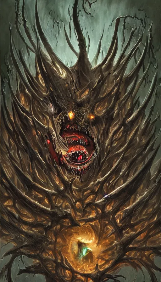 Image similar to a storm vortex made of many demonic eyes and teeth, from magic the gathering