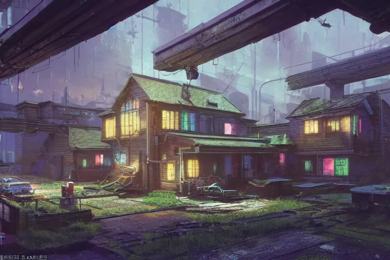 Image similar to cyberpunk, an estate agent listing photo of a 5 bedroom detached house in the countryside, by Paul Lehr, highly detailed, photorealistic, unreal engine, 8k, anamorphic, cinestill cinematrography