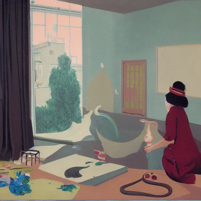 Image similar to female emo art student in her apartment, painting of flood waters inside an artist's feminine bedroom, a river flooding indoors, pomegranates, pigs, ikebana, water, octopus, river, rapids, waterfall, black swans, canoe, berries, zen, acrylic on canvas, surrealist, by magritte and monet