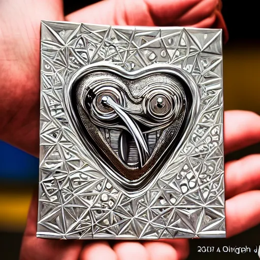 Prompt: a chrome carved heart, highly detailed, intricate artwork, graphic style of Patrick Gleason very coherent symmetrical artwork, depth of field, bokeh