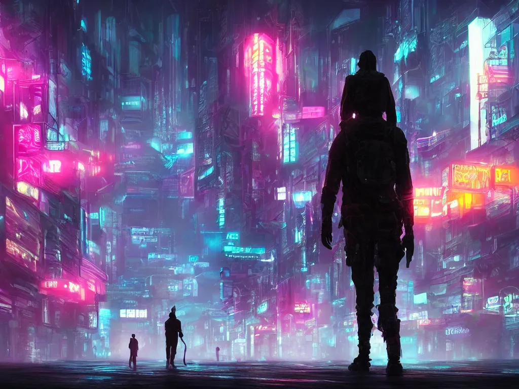 Image similar to a highly detailed digital painting of a nomad wandering a sci - fi cyberpunk city, neon lights, volumetric lighting, atmospheric fog, epic composition, artstation