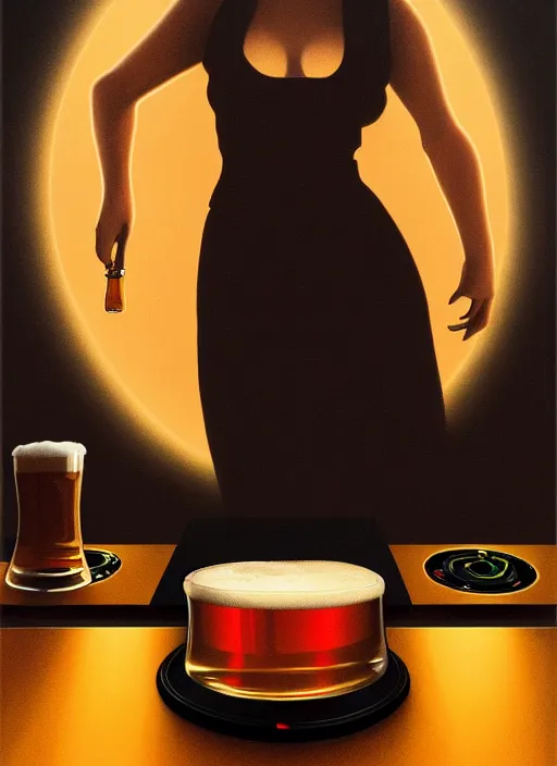 Image similar to image of large pint of beer and large technics dj table front of picture, in the backround man and a woman, dark backround, highly detailed, digital illustration, trending in artstation, modern painting, smooth, sharp focus, intricate, einar jonsson and bouguereau