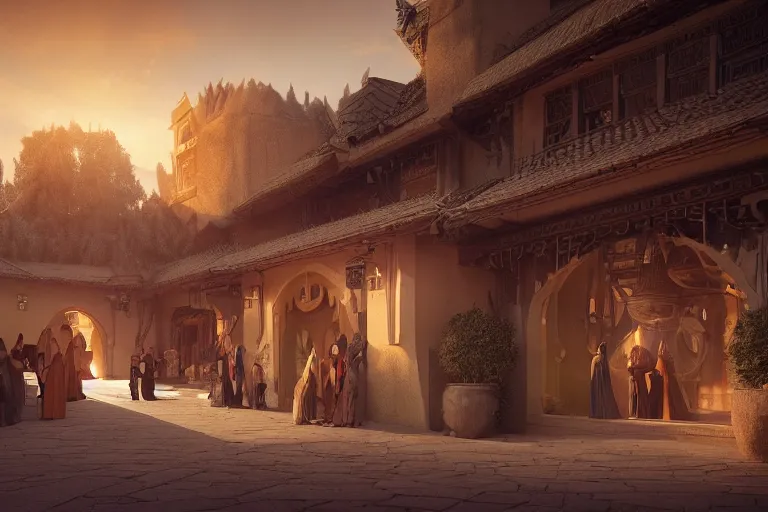 Image similar to an art deco secret meeting at the townsquare in a oriental medieval fantasy village. incredible voluminous indirect soft glow cinematic lighting, hyperdetailed features, movie still, intricate, octane render, unreal engine, crepuscular rays, god rays, by beeple and rhads and donato giancola