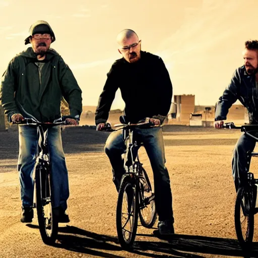 Image similar to photo of walter white and jesse pinkman riding bikes with an exploding building behind them, color, cinematic lighting, highly detailed