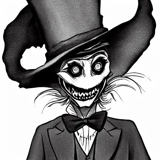 Image similar to a Pop Wonder scary horror themed goofy-hilarious-character Mad-Hatter-babadook-wearing a scarf, 3-piece-suit, dime-store-comic drawn with charcoal and pen and ink, half-tone-line-stacking