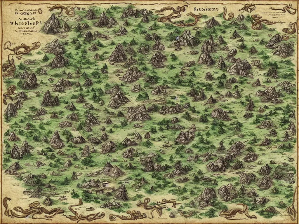 Image similar to an incredibly detailed map of a fantasy world with elaborate biomes and illustrations