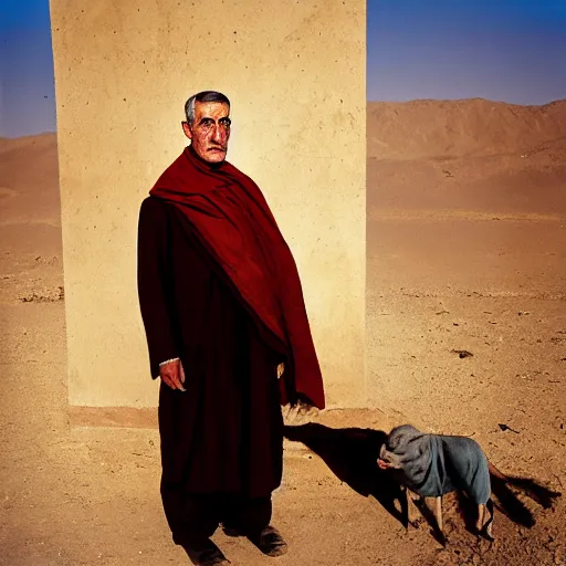 Image similar to portrait of president woodrow wilson as afghan man, green eyes and red scarf looking intently, photograph by steve mccurry