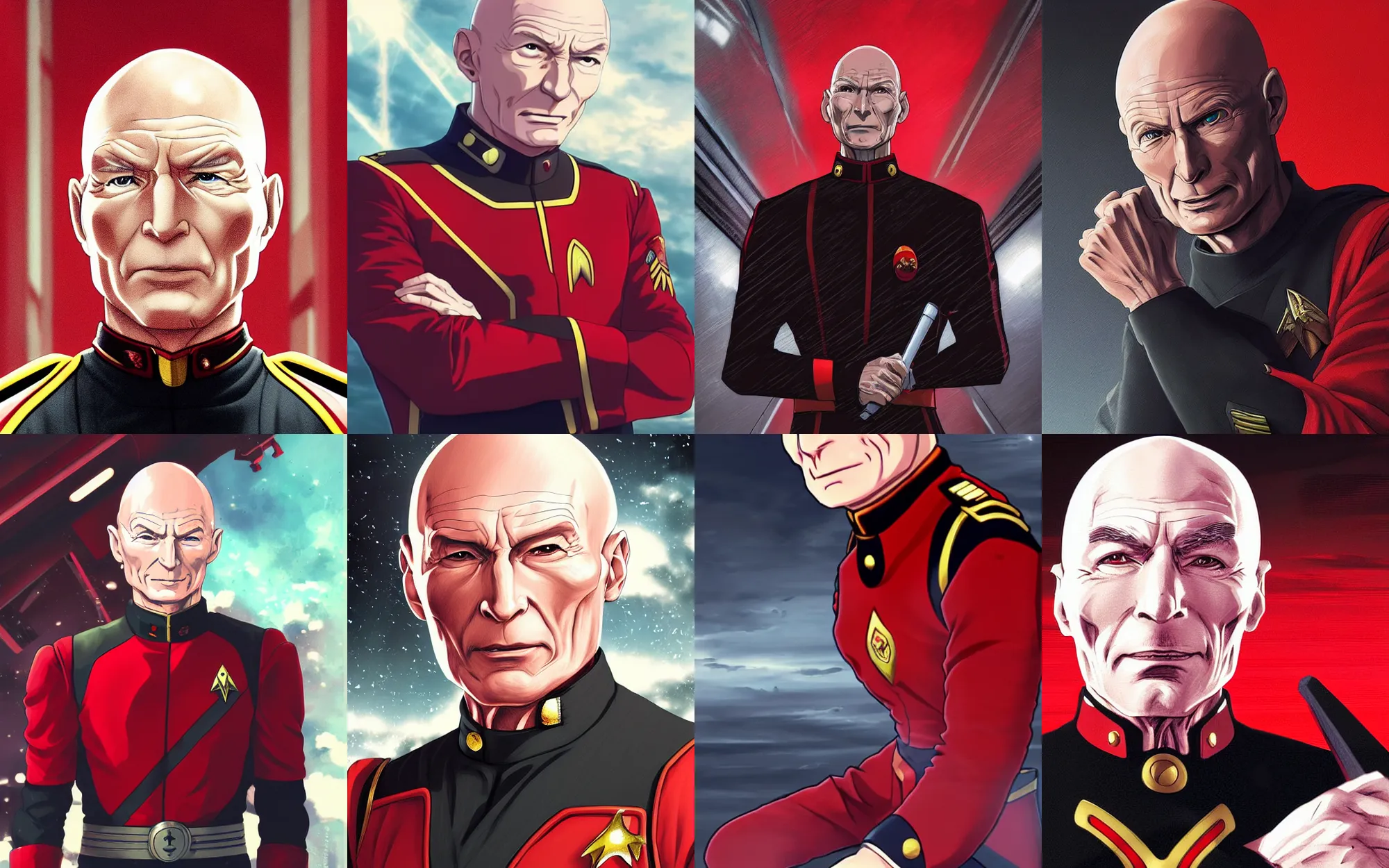 Prompt: Digital anime art by WLOP and Mobius, Closeup of Captain Picard wearing a red and black uniform, silver insignia, serious expression, [[empty warehouse]] background, highly detailed, spotlight