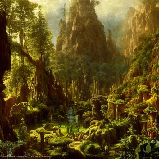 Image similar to a beautiful and highly detailed matte painting of a magical garden of delights in a mystical forest in a dream like valley deep in the magical mountains of avalon, intricate details, epic scale, insanely complex, 8 k, sharp focus, hyperrealism, very realistic, by caspar friedrich, albert bierstadt, james gurney, brian froud,