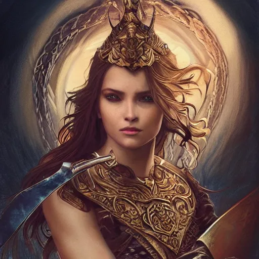 Image similar to Portrait of a gorgeous warrior woman, looking at camera, D&D, sword in hand, beautiful detailed armor, very long flowing hair, intricate, elegant, stylish, serious expression, extremely detailed, digital painting, artstation, concept art, smooth, sharp focus, illustration, stunning lighting, art by artgerm and greg rutkowski and alphonse mucha and simon stalenhag