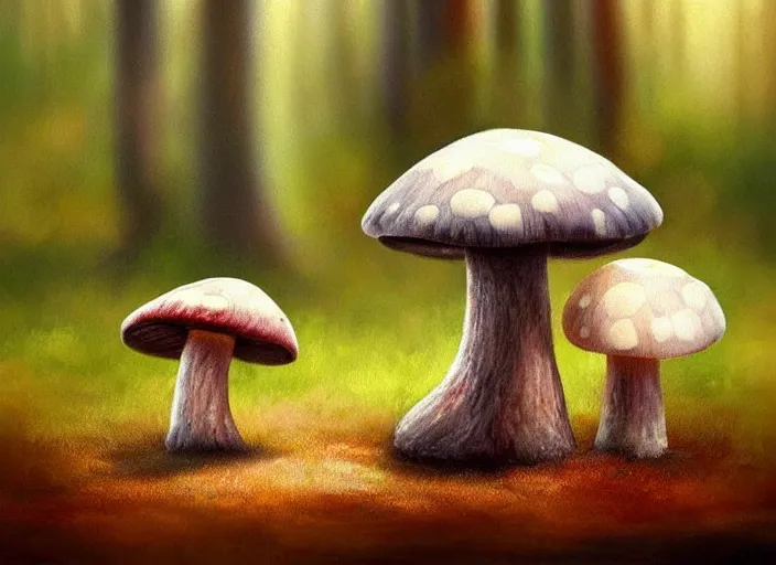 Image similar to a cute creature sitting next to a mushroom, realistic, very detailed, complex, intricate, studio lighting, superres sharpening, bokeh, sigma 5 0 mm f 1. 4, impressionist painting, digital painting, artstation, simon stalenha