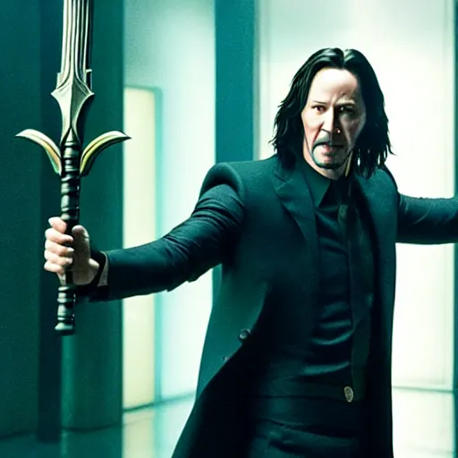 Image similar to film still of Keanu Reeves as Loki holding scepter in Avengers Endgame