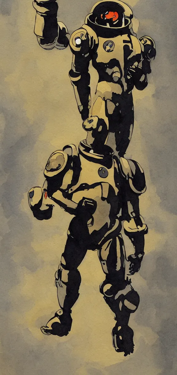 Image similar to male, full body, modern space suit, very stylized character design, large shoulders, short torso, long thin legs, tiny feet, character sheet, science fiction, hyperdetailed, technical suit, space marine, watercolor digital painting, by mike mignola, by alex maleev, jean giraud, painted by leyendecker