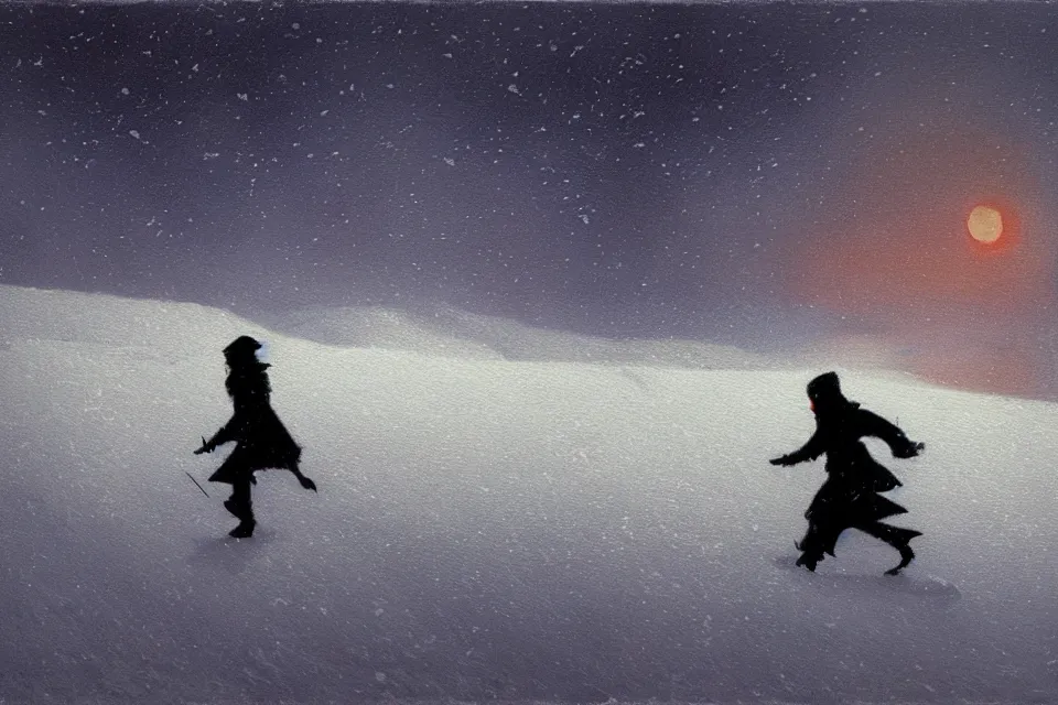Image similar to atmospheric nightscene of a ninja running through a snow field by john harris