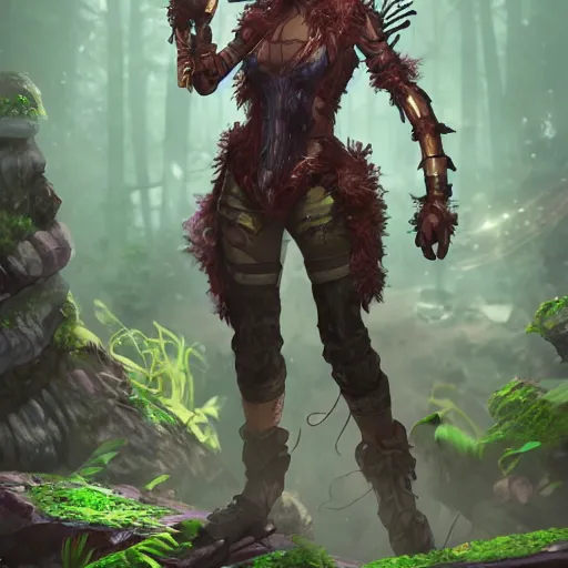 Image similar to female earth mage, character design, action pose : : spotlight, biopunk, forestpunk, high detail, 1 6 k, oled, shadows, reflections