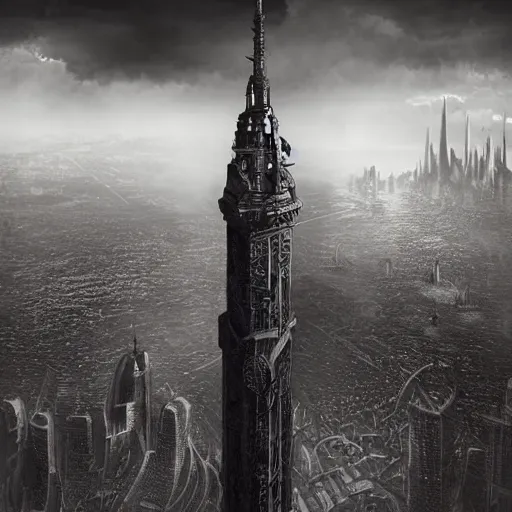 Image similar to an ultra detailed black and white matte painting of a lonely and impossibly tall ominous dark tower elevated high above the city, on an isolated plateau island in a river elevated high above the city fortress tower, fantasy capital city, ultrawide lense, aerial photography, volumetric lighting, exquisite detail, 8 k, art by artgerm and greg rutkowski and alphonse mucha