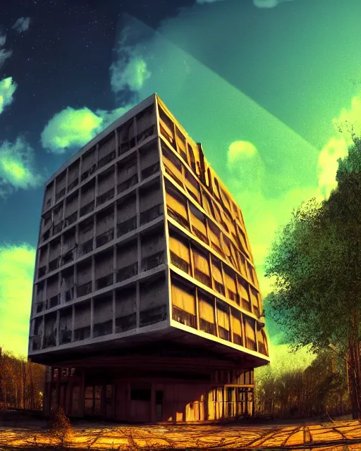 Prompt: unfinished building by peter doig, morning sun magic realism thermal imaging sunlight fisheye retrowave nature laser dramatic lighting uv light darkacademia, archdaily, wallpaper, highly detailed, trending on artstation.