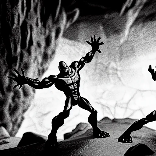 Image similar to black and white thanos fight with the thanos in a cave, by tsutomu nihei, black and white, old cave with slime and wires blur background, cinematic, perspective, realistic