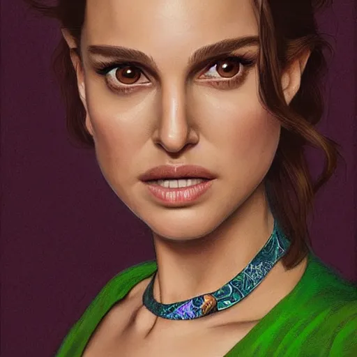 Prompt: Natalie Portman as a Bard, looking at camera, D&D, choker on neck, stylish green dress, intricate, elegant, stylish, serious expression, extremely detailed, digital painting, artstation, concept art, smooth, sharp focus, illustration, stunning lighting, art by artgerm and greg rutkowski and alphonse mucha and simon stalenhag