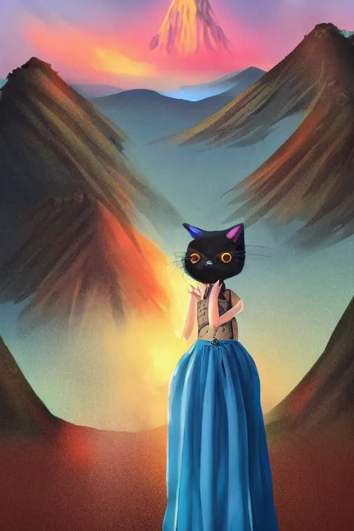 Image similar to a girl in a magnificent dress stands near a volcano, afar, fullbody, in full growth, photorealistic, high resolution, trending on artstation, highly detailed, volumetric lighting, 35mm !dream Kawaii Cat, sticker illustration, high quality, high resolution.