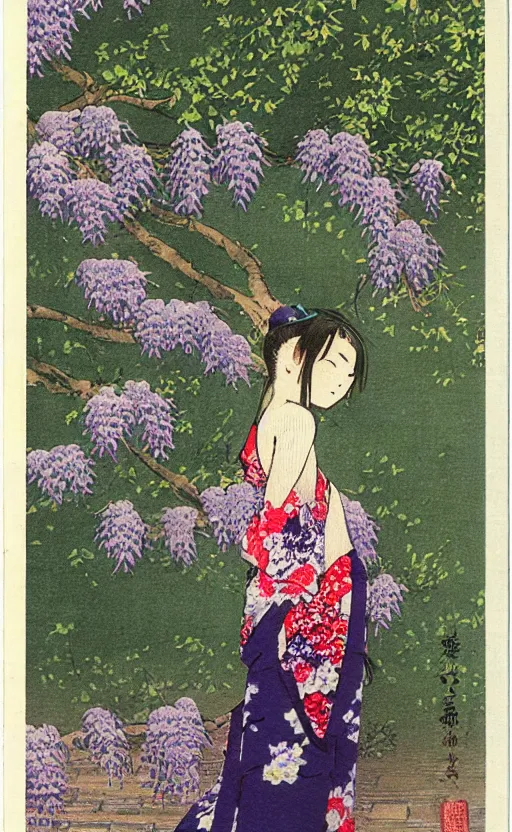Prompt: by akio watanabe, manga art, a girl and a wisteria tree, trading card front, kimono, realistic anatomy