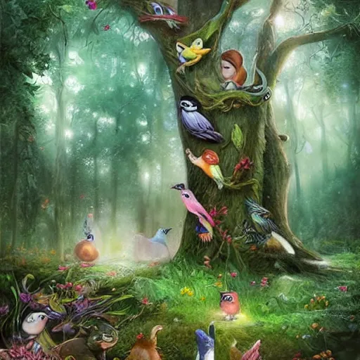 Prompt: magical forest, birds, child forest, highly detailed facez, stra ge creatures, artwork, digital art, fantasy