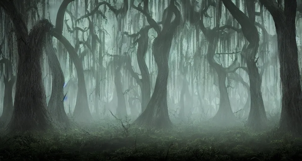 Prompt: A dense and dark enchanted forest with a swamp, by Khara Inc